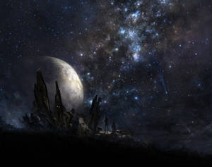 兩人在岩石地形上，星空下有大月亮和流星。