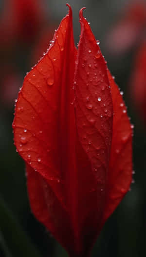 紅色鬱金香花瓣的特寫，水滴在柔焦中閃爍。