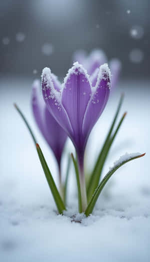 紫色番紅花穿過雪地綻放，花瓣和葉子上有霜。