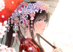 動漫女孩身穿紅色和服，頭戴花環，在櫻花下撐傘。 — 可愛動漫女仔 壁紙