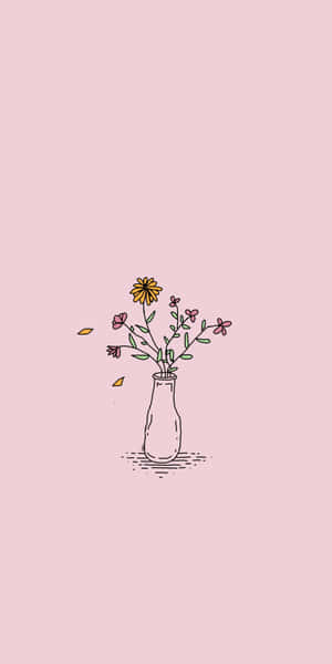 一個簡單的花瓶，帶有花朵和飄落的葉子，背景為粉紅色。 — 美學 壁紙