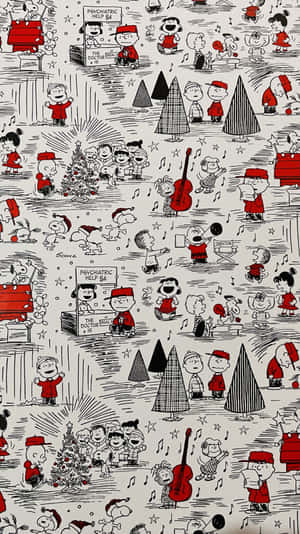 Peanuts 角色在節日圖案中慶祝聖誕節，有樹木、音樂和紅色帽子。