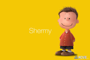來自《The Peanuts Movie》的Shermy穿著紅色襯衫在黃色背景前微笑。