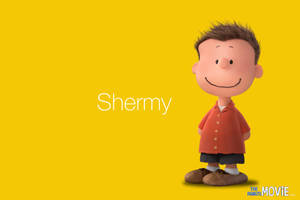 來自《The Peanuts Movie》的Shermy，穿著紅色襯衫，在黃色背景前微笑。
