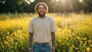 一個微笑的紋身男人站在夕陽下的黃色野花田中。