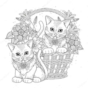 兩隻戴著蝴蝶結的小貓在黑白線條藝術風格的花籃旁。 — 貓咪 壁紙