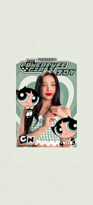 一位長黑髮紅唇的女性與飛天小女警的卡通角色合影。 — 飛天小女警 壁紙