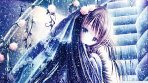 長髮和粉紅玫瑰的動漫女孩，在雪白冰凍的樓梯上，藍光之下。 — 可愛動漫女仔 壁紙