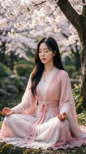 女子在花園櫻花下冥想，身穿粉紅色長袍 — 我獨自升級 壁紙