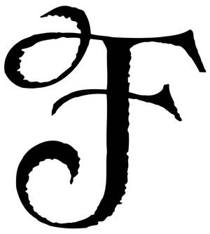 風格化黑色字母F，帶有裝飾性漩渦和筆觸紋理。