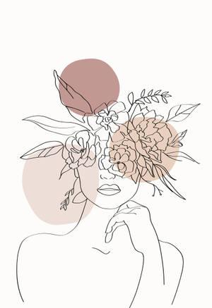 戴花冠的女性，極簡線條藝術，搭配粉彩圓圈。
