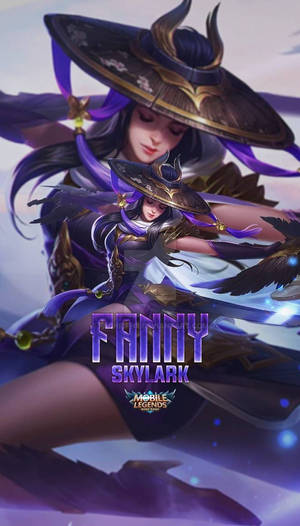 來自《Mobile Legends》的動漫角色 Fanny Skylark，身穿紫色奇幻盔甲，手持發光劍。