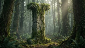 迷霧森林中的古老長滿苔蘚的石柱，陽光透過樹木灑落
