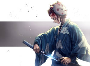 戴貓面具的動漫武士身穿藍色和服手持發光劍