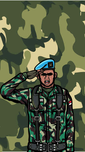 士兵穿著迷彩制服，戴著藍色貝雷帽在迷彩背景下敬禮。 — 軍事動圖 壁紙
