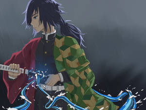 動漫角色在雨中持劍，周圍藍色水花四濺。 — 武士Champloo 壁紙