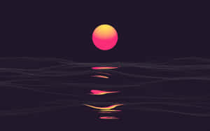 一顆發光的太陽在夜晚反射在黑暗的網格景觀上。