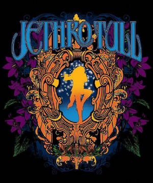 Jethro Tull 專輯藝術，華麗框架中的巫師剪影，周圍環繞著紫色花朵。 — 音樂美學 壁紙