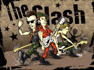 The Clash 樂隊成員穿著龐克搖滾裝備在粗糙的舞台上彈結他。