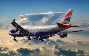 英國航空飛機在日落時分飛越蓬鬆雲層