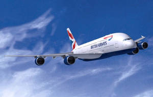 英國航空空中巴士A380在晴朗藍天白雲中飛行