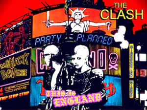 The Clash 龐克搖滾樂隊海報，帶有霓虹燈標誌和一個尖刺頭髮的人物。