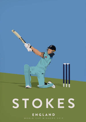 板球運動員 Stokes 身穿英格蘭隊服，手持球棒和門柱在場上比賽。