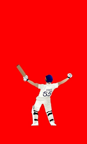 板球運動員 Stokes 55 號高舉球棒和球慶祝勝利。
