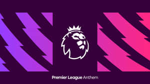 Premier League Anthem 標誌，獅子和皇冠在紫色和粉紅色背景上。