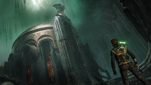 冒險家站在迷霧中綠色照明的洞穴中的巨大古代廢墟前。