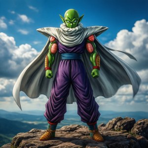 綠色皮膚的動漫戰士，身穿紫色道服和白色斗篷，站在山頂上。