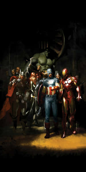 一組Marvel超級英雄在黑暗環境中站在一起。 — 復仇者聯盟 壁紙