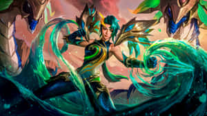 奇幻戰士在動漫風格的戰鬥場景中揮舞魔法綠色能量。 — 藝術 壁紙