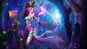 奇幻女巫在帶有霓虹燈的神秘洞穴中施展發光的魔法。