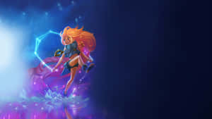 橙色頭髮的動漫女孩在星光燦爛的夜空中跳躍，伴隨著發光的魔法效果。 — 英雄聯盟 壁紙