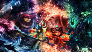 奇幻角色在發光能量和星空背景下，於多彩宇宙風暴中戰鬥。