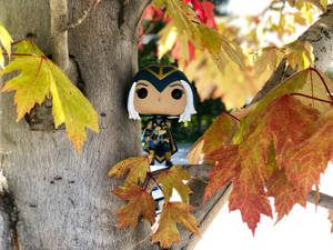 Funko Pop戰士人偶藏在樹枝上的秋季楓葉中。