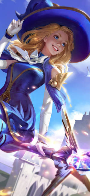 金髮藍帽的動漫女巫用發光法杖施展魔法。