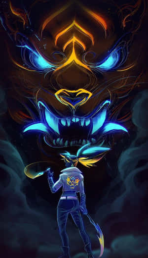 動漫角色在太空中面對一個發光的惡魔面孔。 — 龍 壁紙