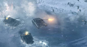 坦克和士兵在冰冷的冬季水域和雪地中戰鬥。 — 戰車世界 GIF 壁紙