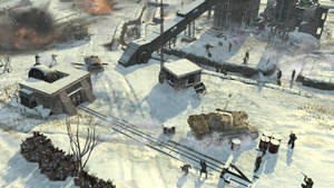 士兵和坦克在白雪覆蓋的工業戰場上，在燃燒的殘骸中戰鬥。 — 英雄連隊 壁紙