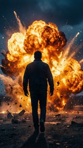 一個男人走向一場大火爆炸，伴隨著火焰和飛散的碎片。