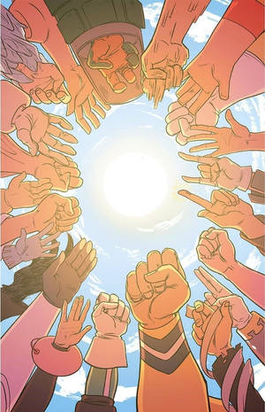 一個由不同手組成的圓圈，伸向天空中的太陽。