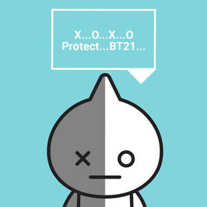 分裂面孔的卡通角色，拿著對話框，上面寫著X...O...X...O Protect...BT21...，背景為青綠色。
