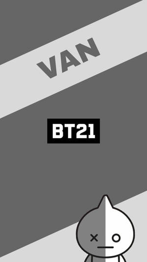 BT21角色臉部一分為二，置於灰色斜紋下，帶有文字van和bt21