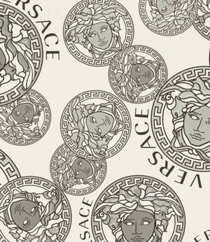 在淺色背景上的 Versace 美杜莎頭像標誌圖案，單色。