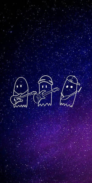 三個鬼魂音樂家在繁星點點的夜空中彈結他。