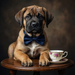 一隻戴蝴蝶結的幼犬坐在木桌上的花卉茶杯旁。