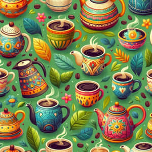 綠色背景上，帶有幾何圖案和葉子的彩色冒煙咖啡杯和茶壺 — 設計 壁紙