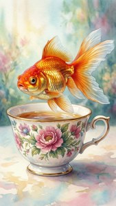在水彩花園場景中，一條金魚從花卉茶杯中跳出。
